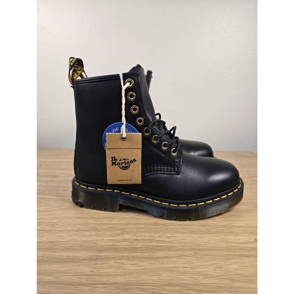 Dr. Martens 1460 Pascal FL Faux Fur Black Leather Lace Up Boots Women's Size 6